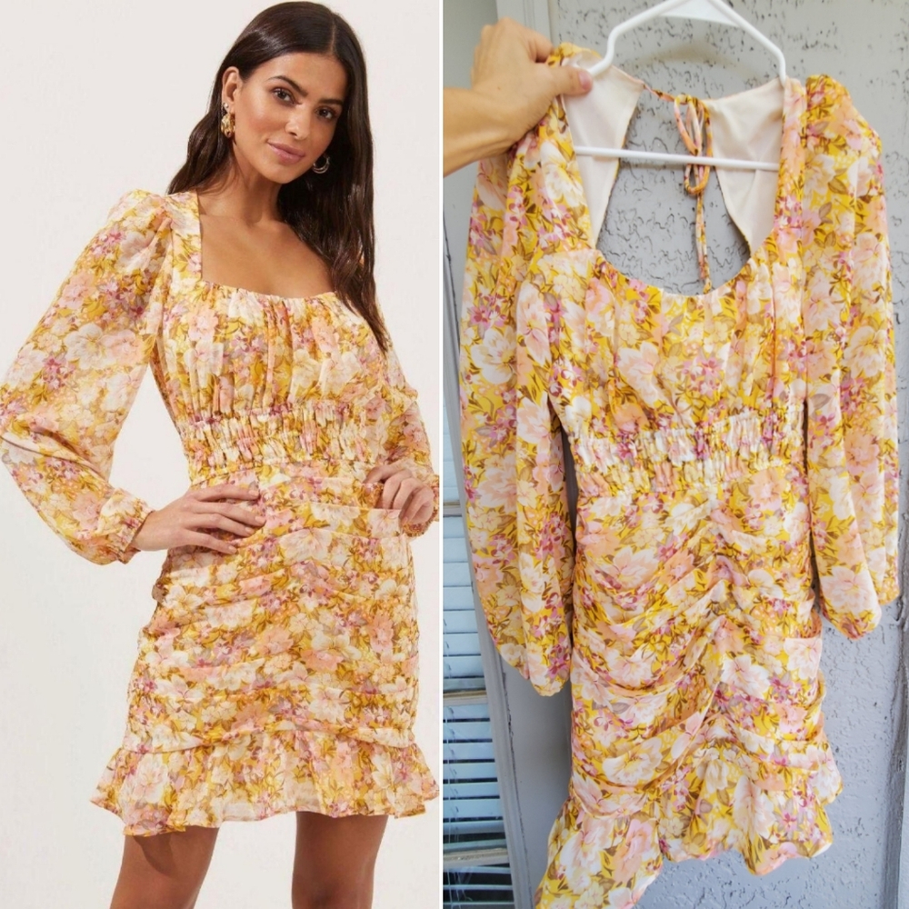 ASTR The Label Smocked Waist Ruched Dress Yellow Peach Floral Size Small S